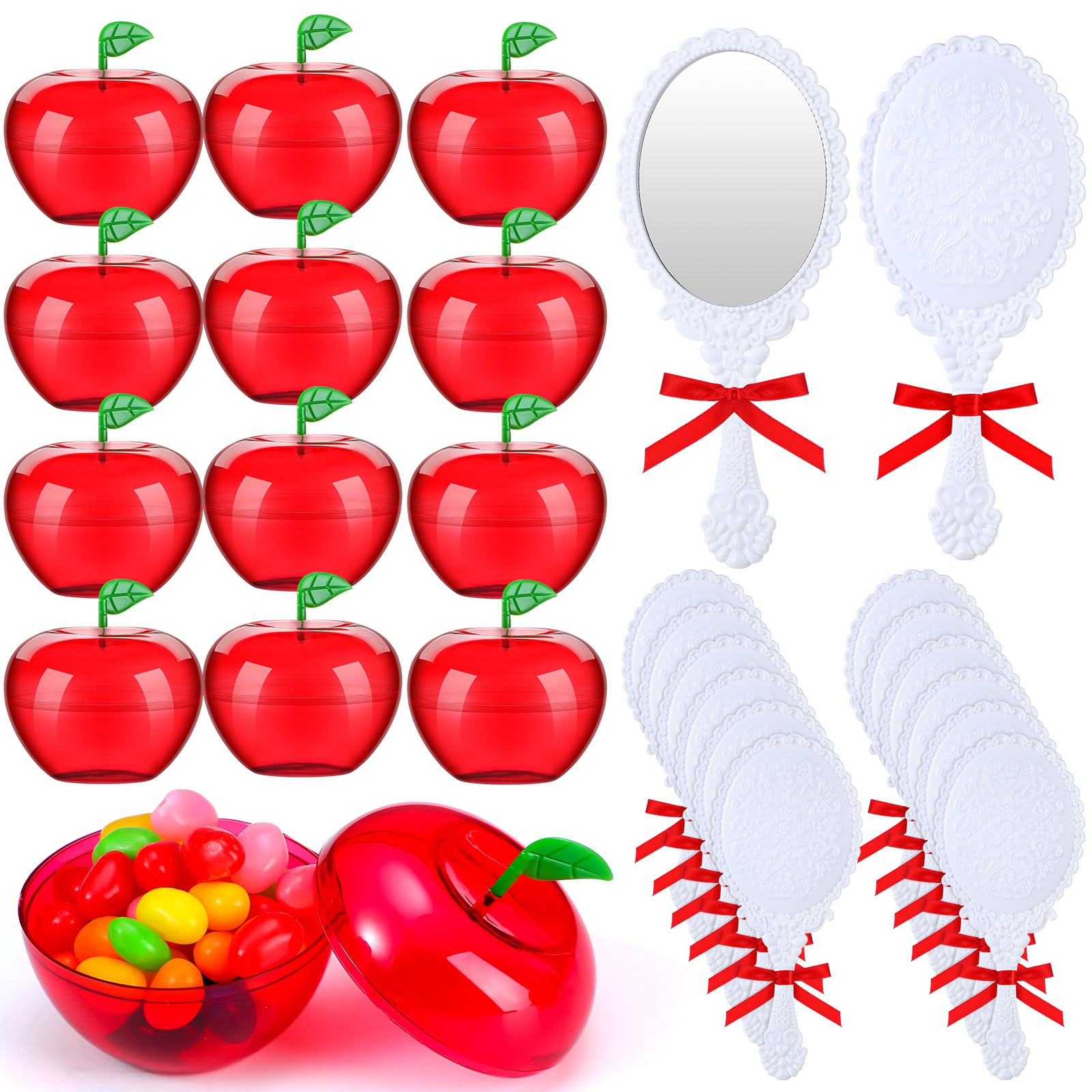 Photo 1 of Weysat 48 Pcs Snow Princess Party Favors Include Red Apple Container and Vintage Handheld Mirror for Girls Princess Party Gifts Snow Beauty Birthday Decoration Supplies