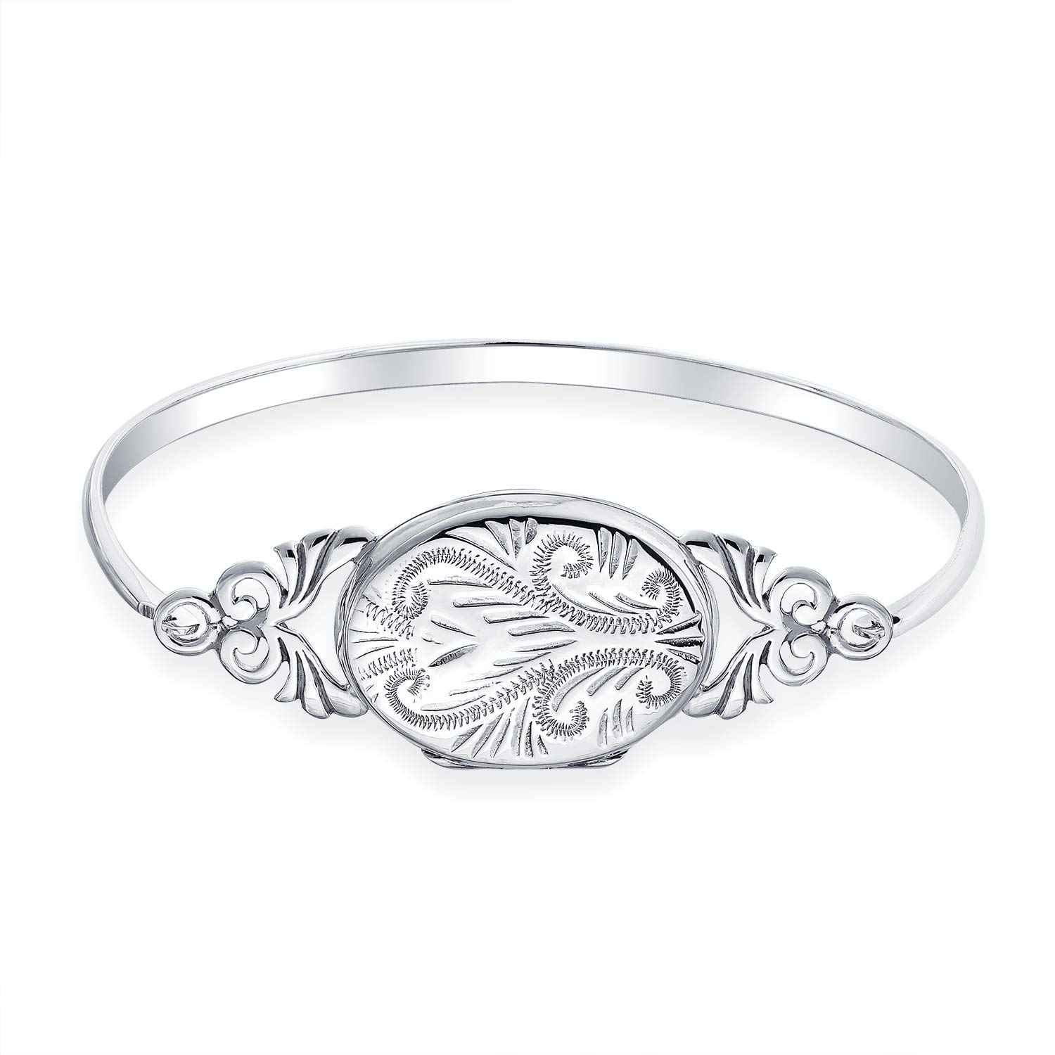 Bling Jewelry Vintage Style Keepsake Engraved Bangle Bracelet Locket That Holds Picture For Women .925 Sterling Silver Photo Holder