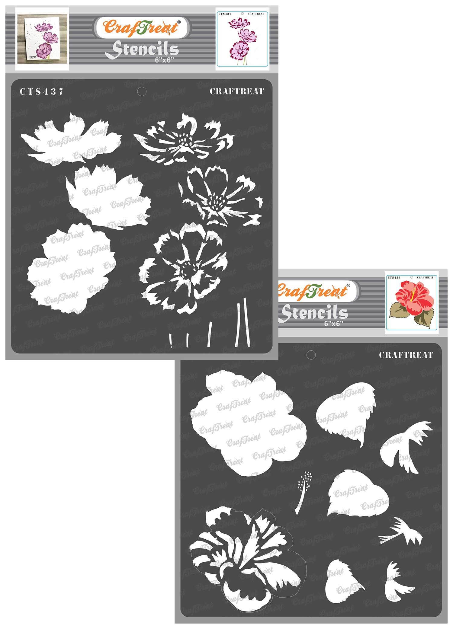 CrafTreat Reusable Flower Stencils for Painting on Wood - Layered Cosmos and Hibiscus Stencil (2 Pcs) - 6x6 Inch - Craft Layering Stencils