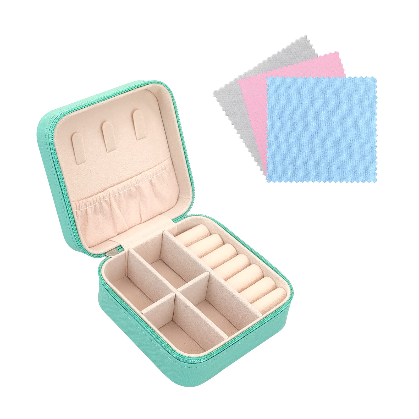 FuninCrea Jewellery Box Organiser for Women, Mini PU Leather Travel Jewelry Storage Case with 3pcs Silver Cloth for Rings Earrings Necklace, Portable Jewelry Case for Girl, Wife, Mother (blue)