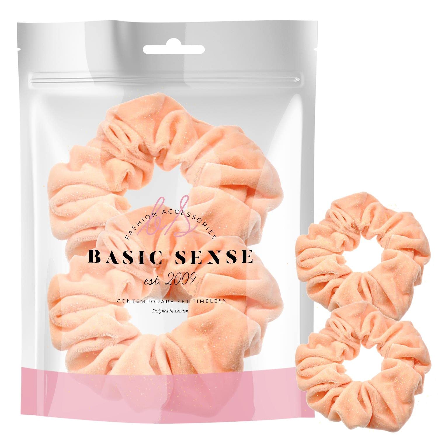 BasicSense 2PCS Large Velvet Glitter Scrunchies Shiny Hair Ties Bands for Hair updo ponytail Scrunchy, Peach