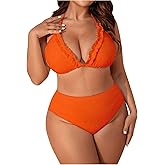 BEAUDRM Women's 3 Piece Plus Size Lettuce Trim Bikini Halter Tie Side Triangle Set with Beach Skirt High Cut Bikini Swimsuit