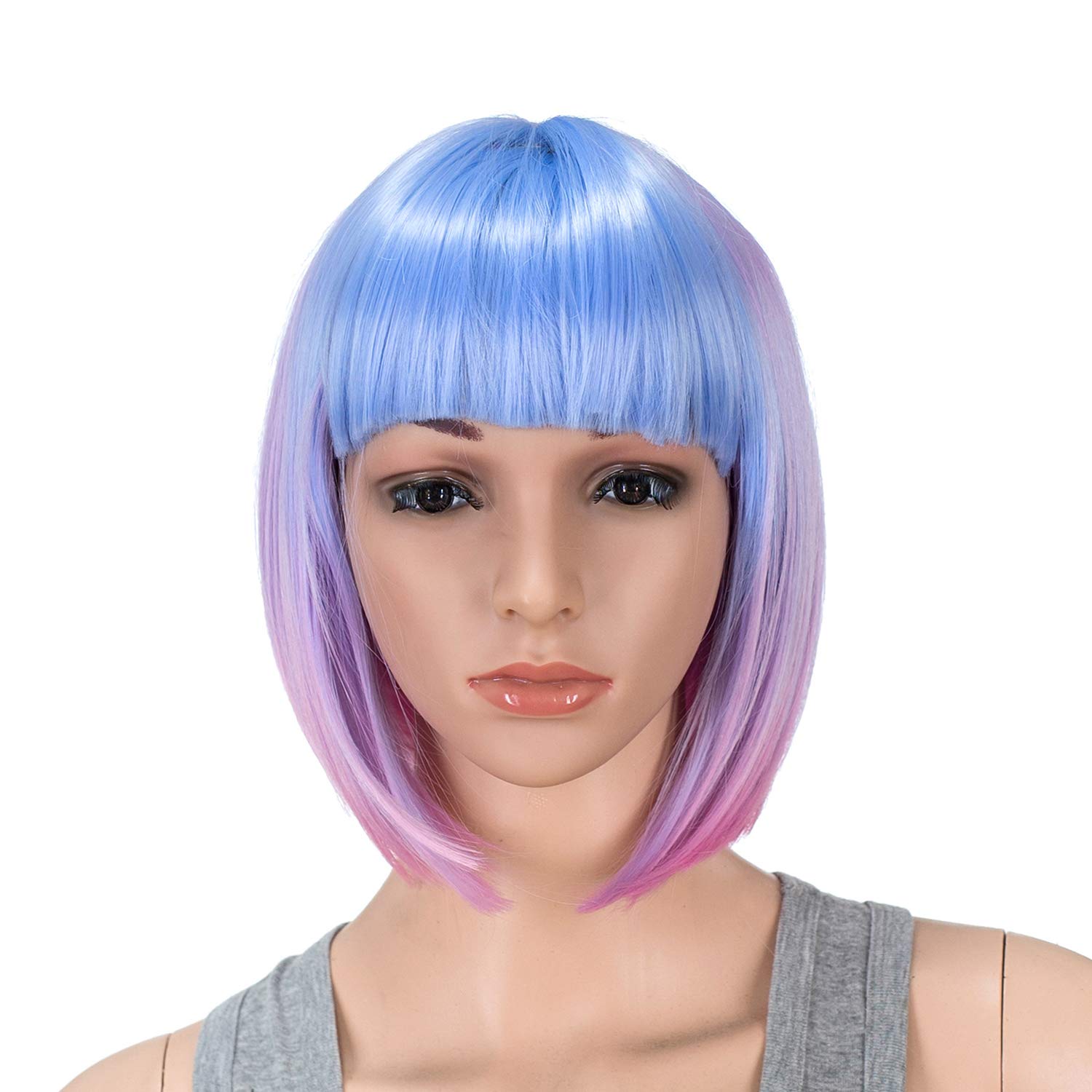 SWACC 10 Inch Blue Pink Ombre Multi-Colored Short Straight Bob Wig with Bangs Synthetic Colorful Cosplay Daily Party Flapper Wig for Women and Kids with Wig Cap