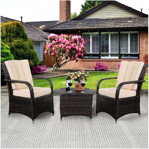 Home Garden 3 Pcs Outdoor Patio Rattan Wicker Furniture Set Chair Cushioned Deck Black Patio Garden Furniture Sets