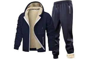 Men's Fleece Lined 2 Pieces Sweatsuit Full Zip Sport Jacket Suit Winter Warm Tracksuit Solid Color Outfits with Zipper Pocket