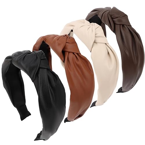 KEUKORZ 4Pcs Top Knotted Headbands - Non-Slip Wide PU Hairband for Women - Brown Black Fashion Accessories for Women’s Thick Hair Decoration (4Colors)
