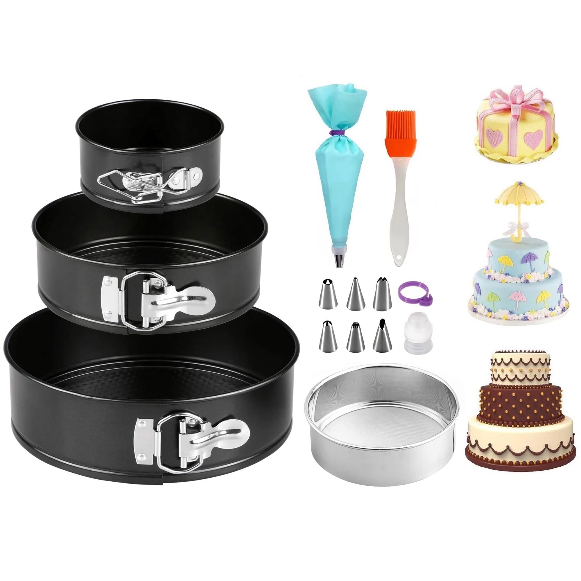 Jingxinxin Cake Tins Set 3 Pcs(4"/7"/9"), Non-Stick Springform Baking Trays & 1 Flour Sieve, Piping Bags and Nozzles 8 Pcs, 1 Oil Brush, Cheesecake Pan with Removable Bottom — image 1
