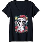 Womens Christmas Sugar Skull Art Woman Santa Hat Festive Design V-Neck T-Shirt