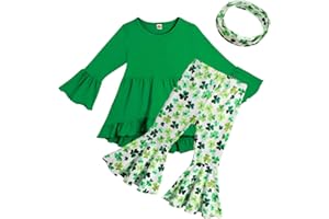 Hillban Toddler Baby Girl St. Patricks Day Outfit Long Sleeves Ruffle Tunic Top Bell Bottom Pants Headband for Kid