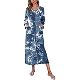 Ekouaer Women Long House Coat Zipper Front Robes Full Length Nightgowns with Pockets Striped Loungewear S-4XL