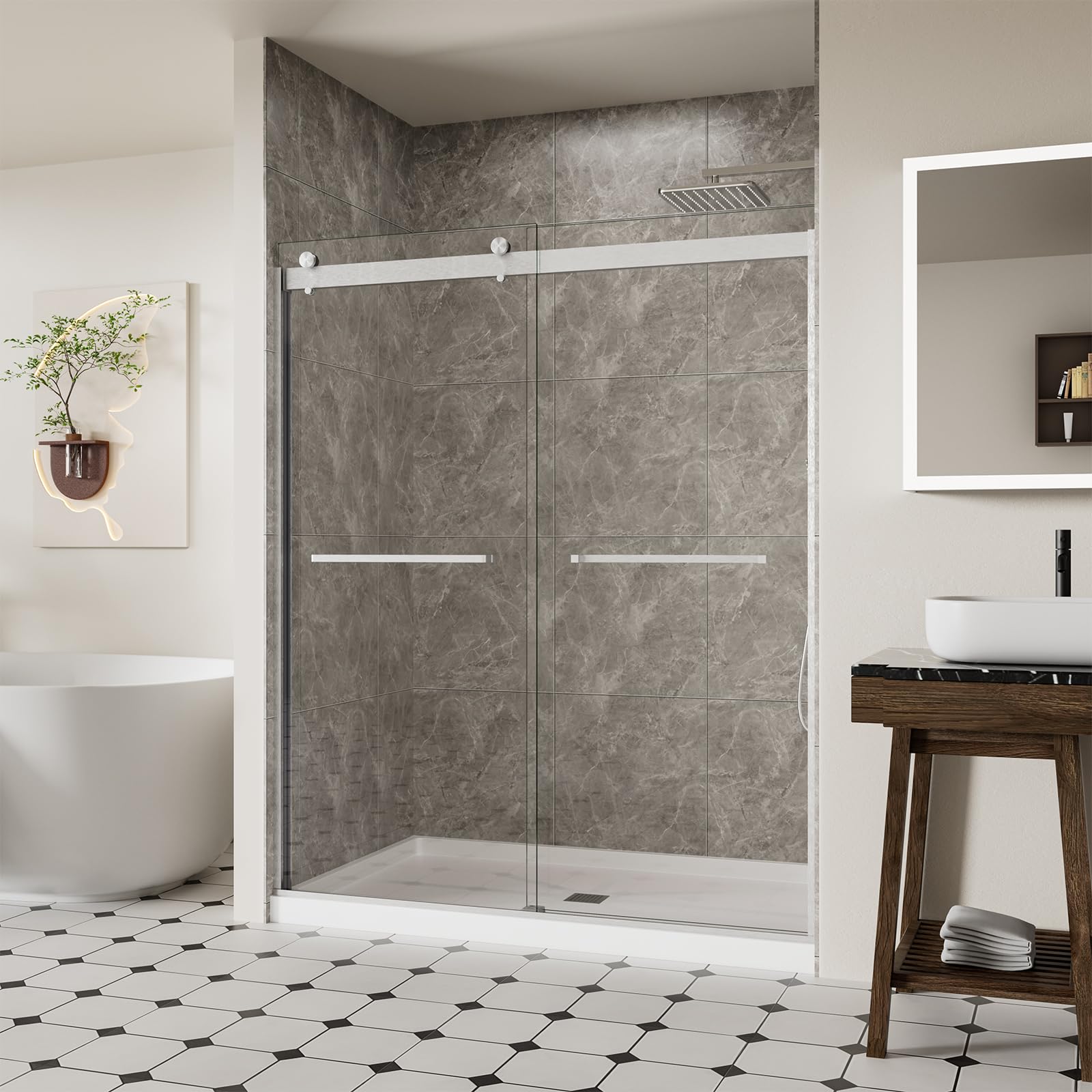 Photo 1 of ACE DECOR 56-60" W x 74" H Frameless Shower Door, Double Sliding Shower Door with 5/16" (8mm) Clear SGCC Tempered Glass, Brushed Nickel Finish Shower Doors, Reversible Installation