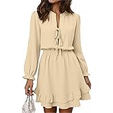 Angashion Womens Tie Front Mini Dress: V Neck Long Sleeve Layer Ruffle Hem Dress with Pockets