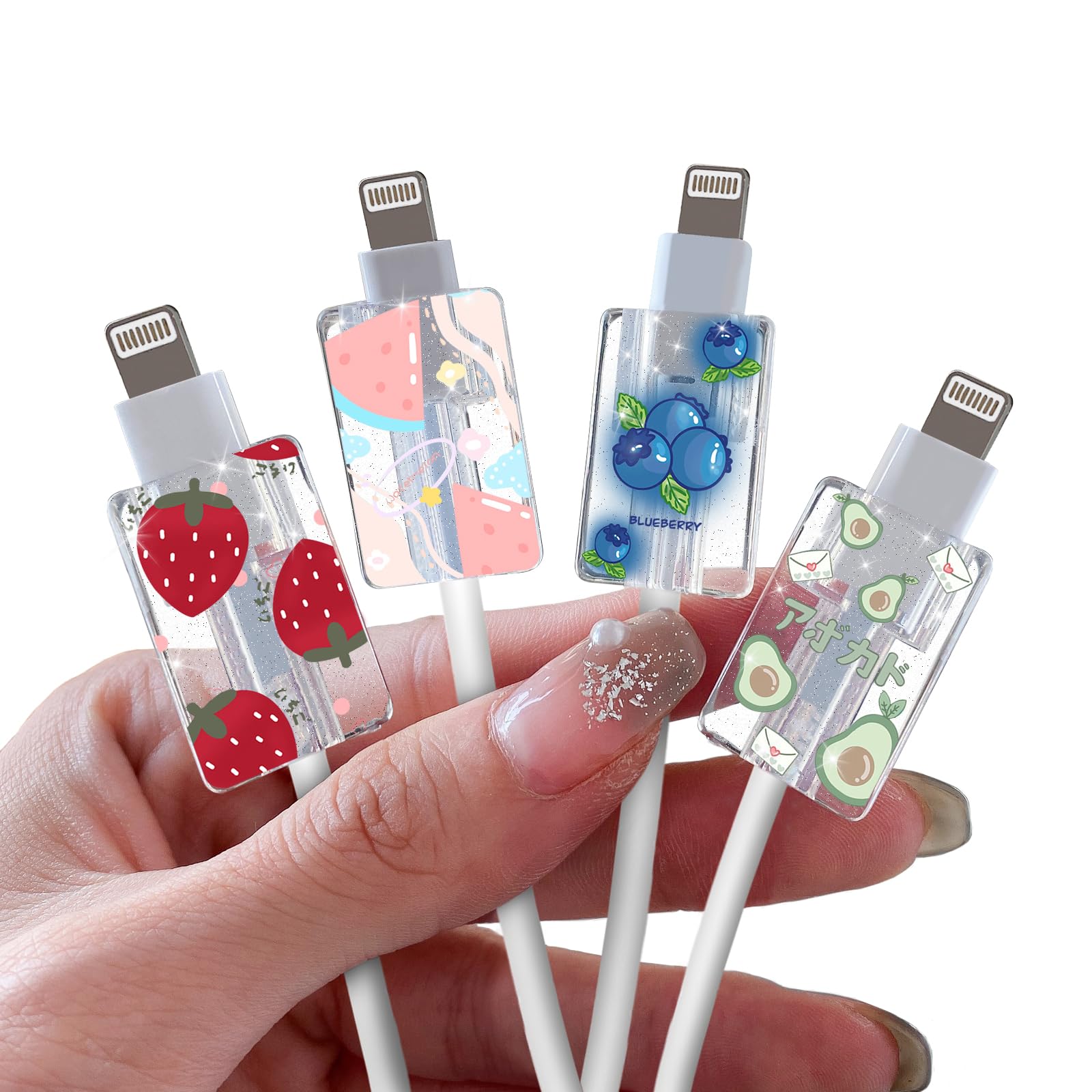 DiyGody Glitter Cable Protector for iPhone Type-c Charger, Cute Kawaii Fruits Pattern 4-Pack Bling Cable Phone Protector, Charging Cord Saver