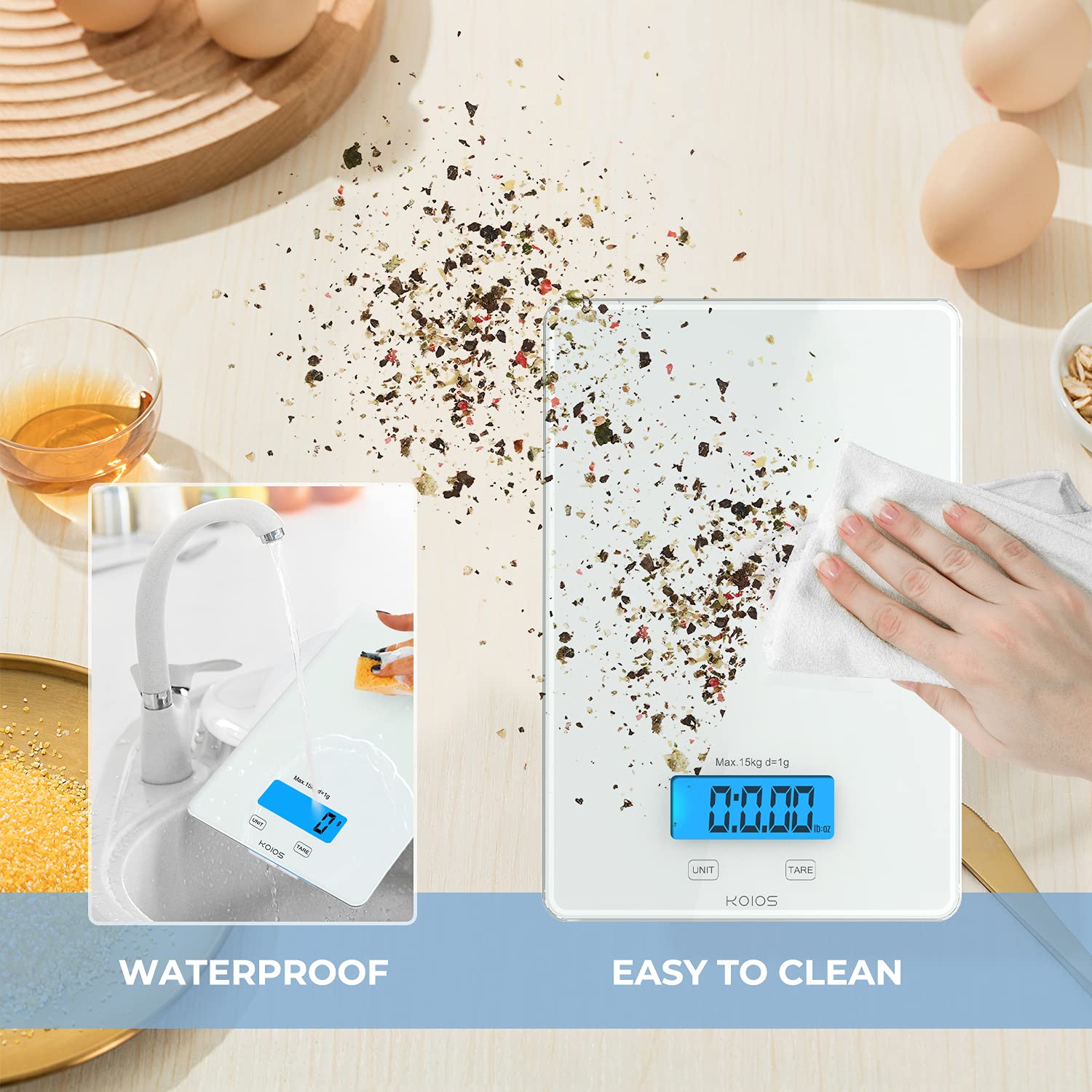 KOIOS Kitchen Scale, 33lb/15kg Digital Food Scales Weight in Grams and Ounces for Cooking Baking, 1g/0.1oz Precise Graduation, Batteries and Type-C Charging, Tare Function, LCD Display, White