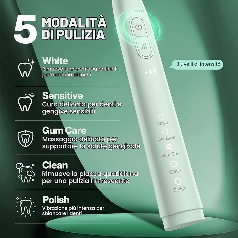 Spazzolino da denti sonico per adulti, ricaricabile con 5 modalità di pulizia, 3 livelli di intensità, sensore di pressione intelligente (Verde)