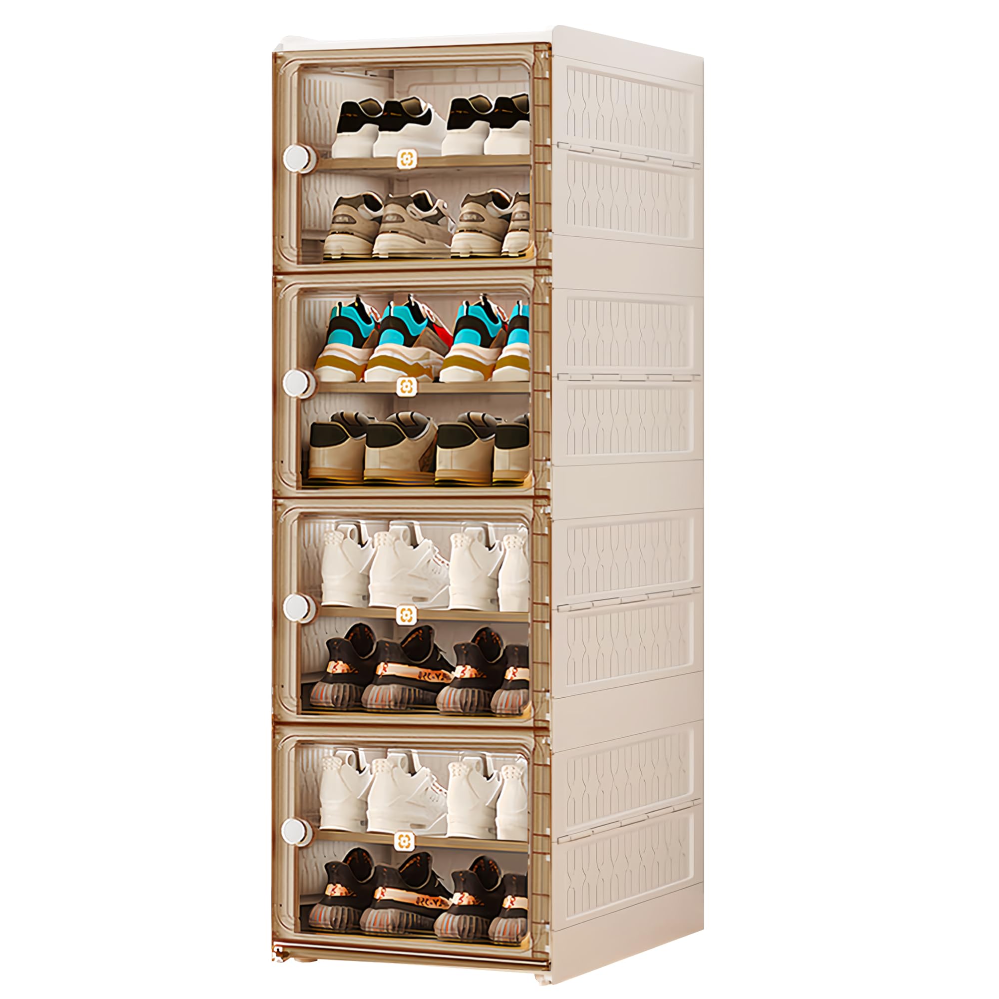 Photo 1 of Lacusmall Shoe Storage Box, Foldable Shoe Rack Organizer with Clear Door,No Assembly Sturdy Clear Collapsible Shoe Rack,Shoe Organizer Storage Bin with Lid for Living Room (White, 8 Tiers-16 Pairs)