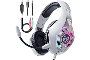 Tatybo Gaming Headset for Ps5 Ps4 Switch Xbox PC with RGB Light, White Gaming Headphones Noise Canceling Mic & Surround Sound