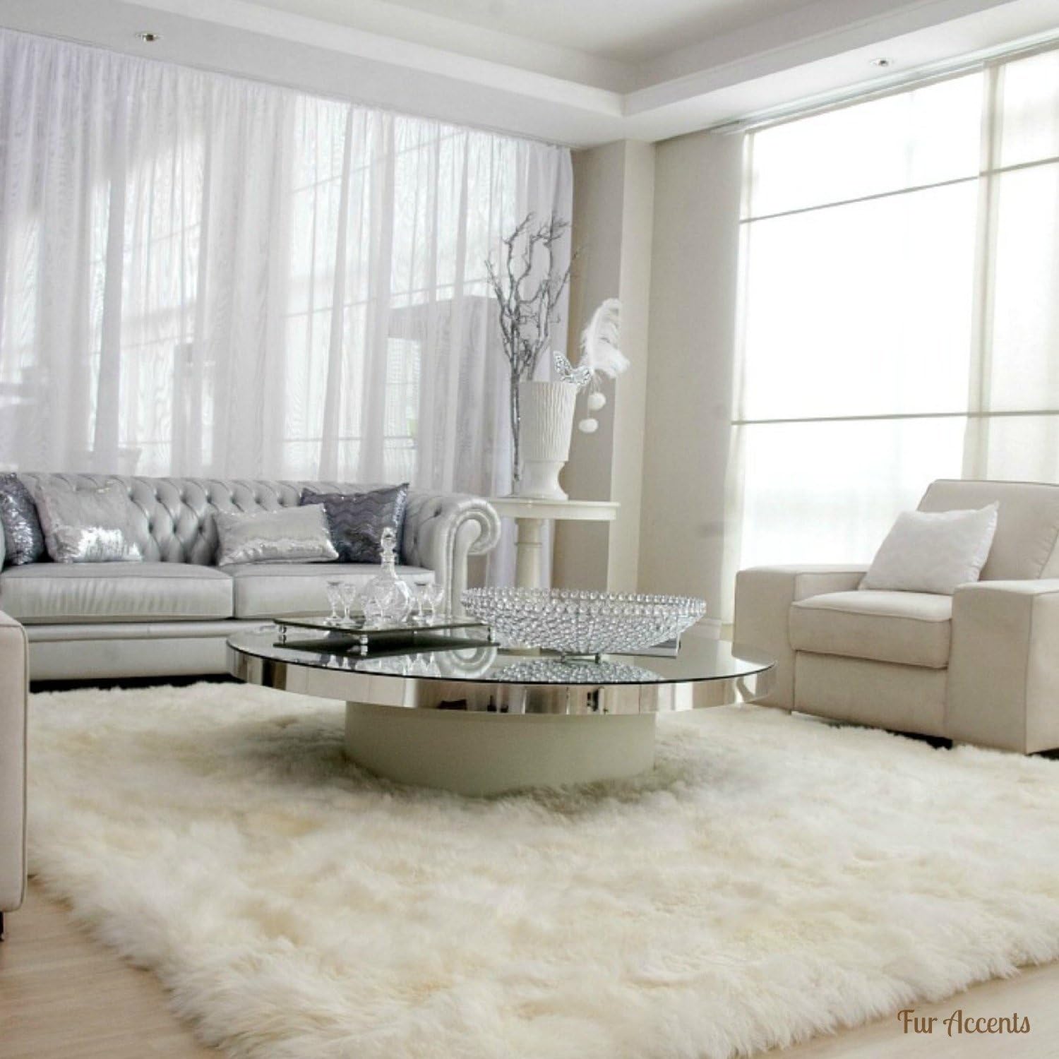 Plush Faux Fur Shaggy Shag - Soft Sheepskin Pelt Rug - Rectangle with Natural Edges RealisticWhite or Off White - Shag - Soft Ultra Suede Backing - Area Rug (8'x10', Off White)
