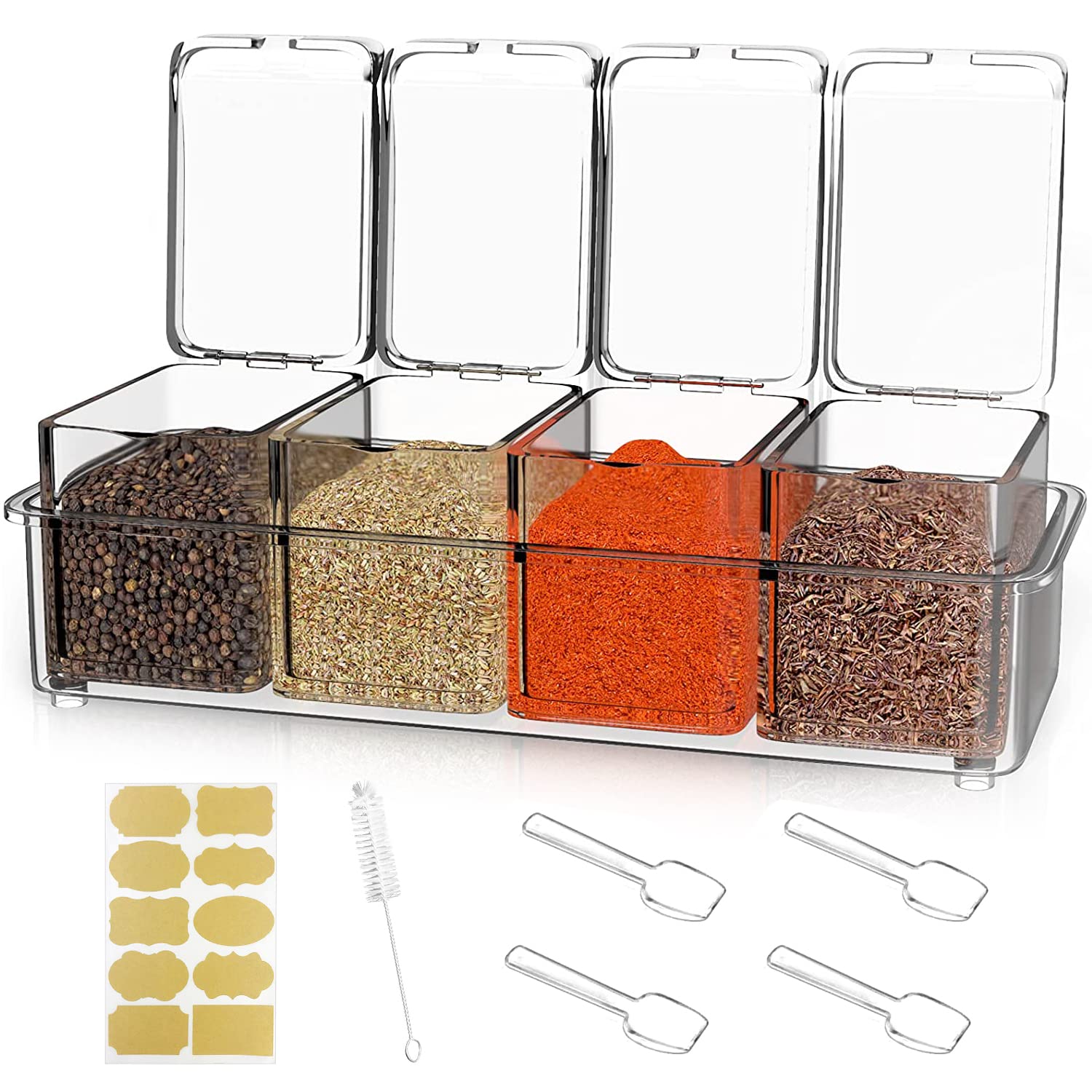 QIQN Clear Seasoning Box Acrylic Condiment Jars Storage Container Set with Cover Spoon for Storage Condiment Sugar Salt Pepper Kitchen Spices