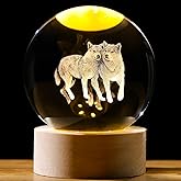 Arikyrist 3D Crystal Wolf Figurines Gifts for Wolves Lovers, Wolf Crystal Ball Night Light with Wooden Base, 3D Laser Engraved Decorative Glass Ball Paperweight for Home Office Deocr.