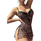 BEAUDRM Women's 2 Piece Leopard Sexy Lingerie Set Cheetah Lace Mesh Sheer Babydoll Lingerie Dress and Thong with Underwire