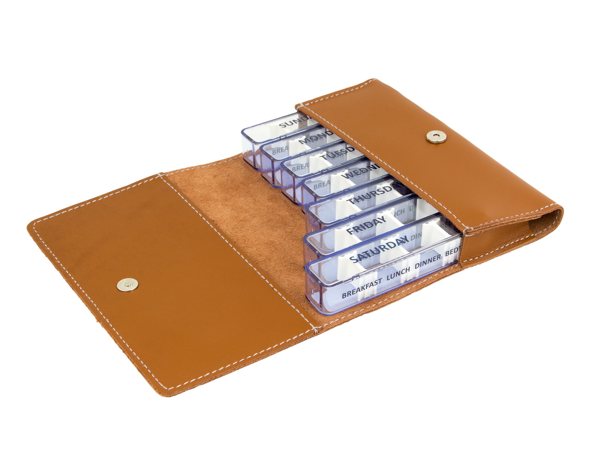 Kibodan Medidos 7-Day Weekly Pill Organiser – Small, Travel-Friendly Medicine and Vitamin Dispenser with 4 Adjustable Compartments. The Perfect Pill Organiser 4 Times a Day (Light Cognac)