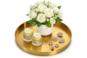 Jucoan 12 Inch Round Gold Tray, Decorative Dresser Vanity Tray Makeup Organizer for Jewelry Perfume Candle, Stainless Steel M