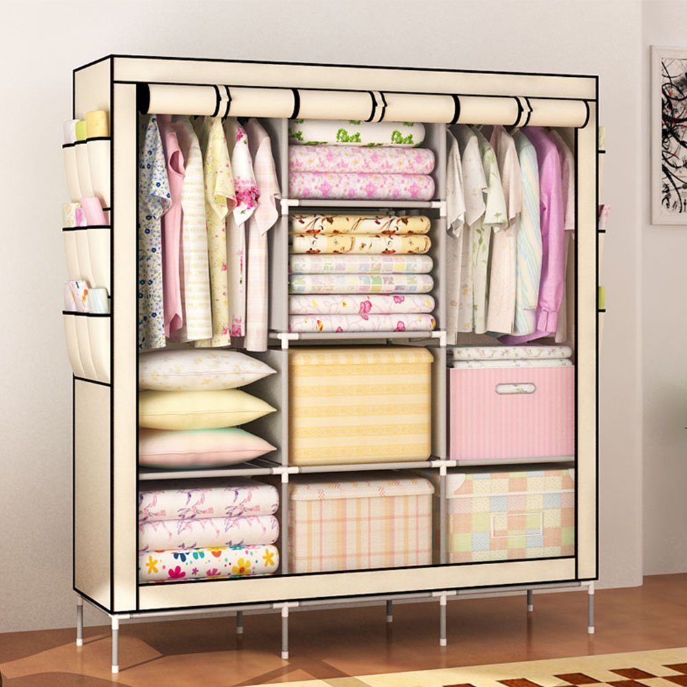 ONEGOL Portable Clothes Closet Non-woven Fabric Wardrobe Double Rod Storage Organizer with Shelves (Beige)