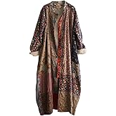 CORETIC Women's Trench Coat Cotton Linen Floral Print Jacket Chinese Style Patchwork Outwear