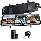 3 Channel Mirror Dash Cam Front and Rear Inside/Cabin Car Camera 1080P Rear View Mirror Camera 10'' Touch Screen Waterproof B