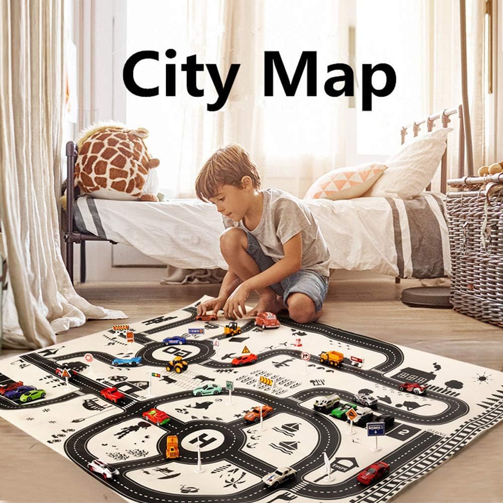 Kids City Scene Play Mat Traffic Highway Map Educational Toy with 18 Pcs Traffic Signs Perfect for Children Playing, Great for Playing with Cars and Toys