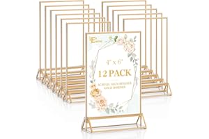 EHWINE 12 Pack Acrylic Sign Holder 4 x 6, Double Sided Gold Picture Frame Stand up Table Top Sign Holders, Clear Display Stan