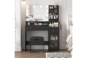 Vabches Makeup Vanity with Mirror and 10 Lights, Big Vanity with 3 Storage Compartments & Power Outlets, Vintage Vanity Set with Large Drawer and Cabinet, 39.8inch, Black