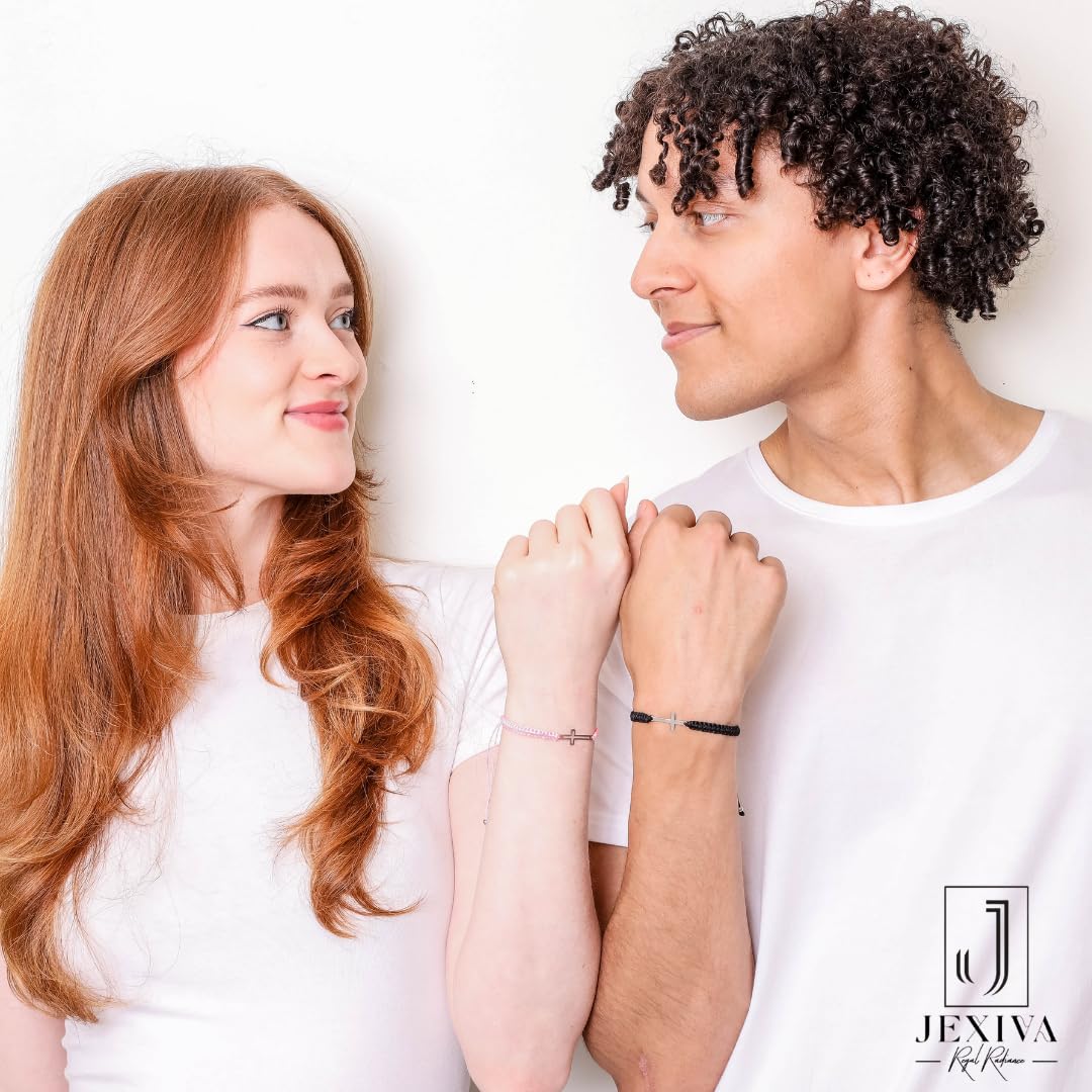 Jexiva 2Pcs Adjustable Couples Bracelet - Christian Cross - Stainless Steel - Strong Woven Rope - Couples, Family & Friendship Bracelet for Men & Women Gift