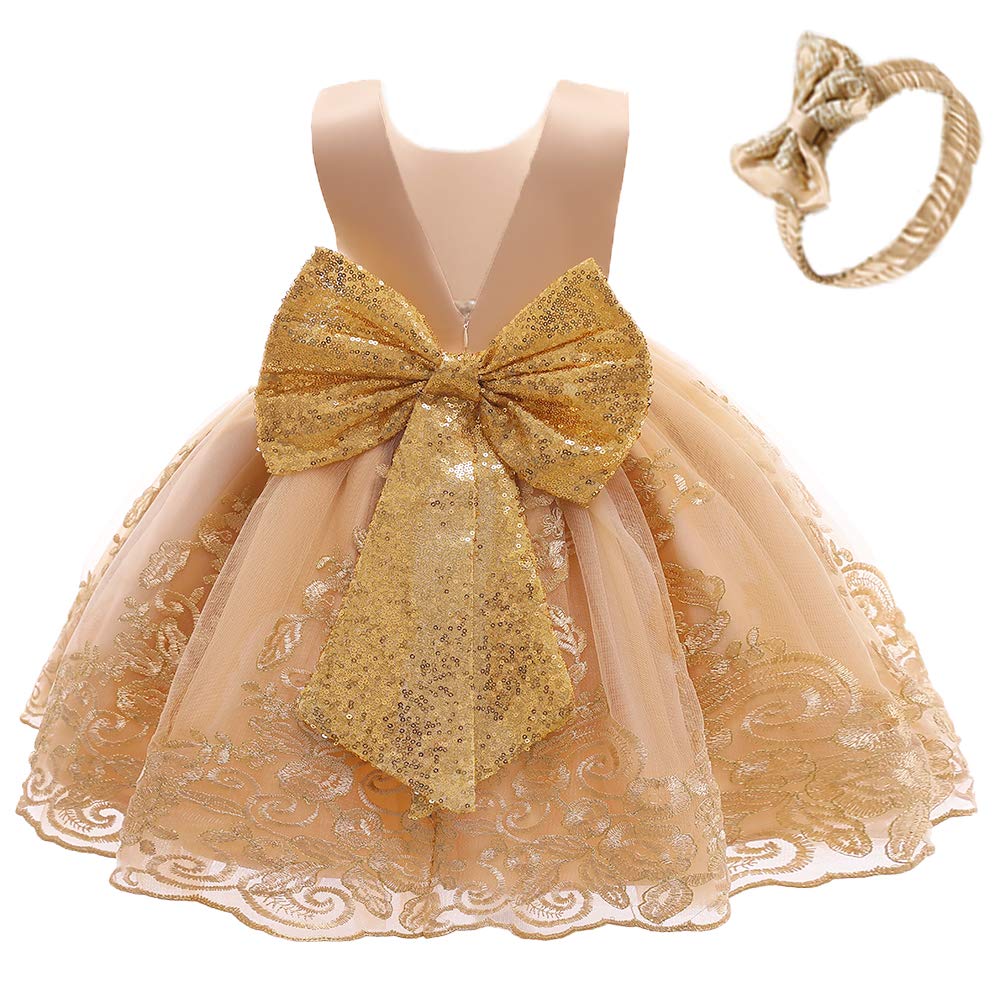 Photo 1 of Toddler Girls Bowknot Dresses Baby Little Girls Lace Embroidery Wedding Party 5Y Dress (Golden,120)