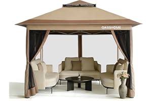 OASISHOME Pop-up Gazebo Portable Instant Canopy Tent 12x12, One-Push Locking System, with 4 Mesh Sidewall, Wheeled Bag, for Patio/Backyard/Outdoor/Parties/Events (Khaki)