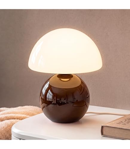 Modern Flowerpot Cordless Table Lamp 3Colors Stepless Dimmable Touch Mushroom Desk Lamp Cute Dome Shade Reflecting Light Reading Lamp Nightstand Bedside Lamp for Office,Nursery,Bedroom (Dark Red