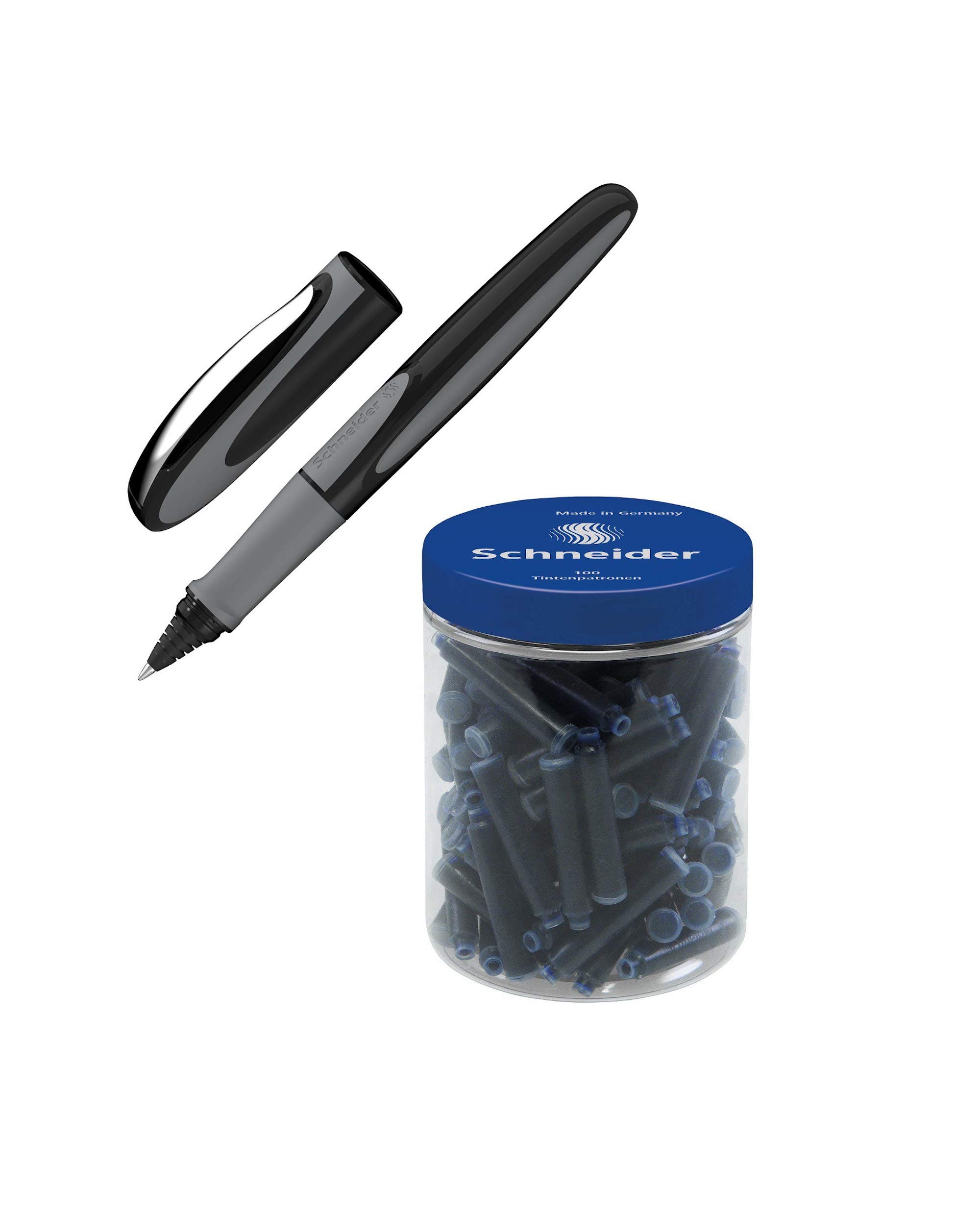 Schneider Ray rollerball pen (refillable with standard ink cartridges, suitable for right and left-handed users) + 100 cartridges blue standard erasable (onyx, rollerball pen + 100 cartridges)