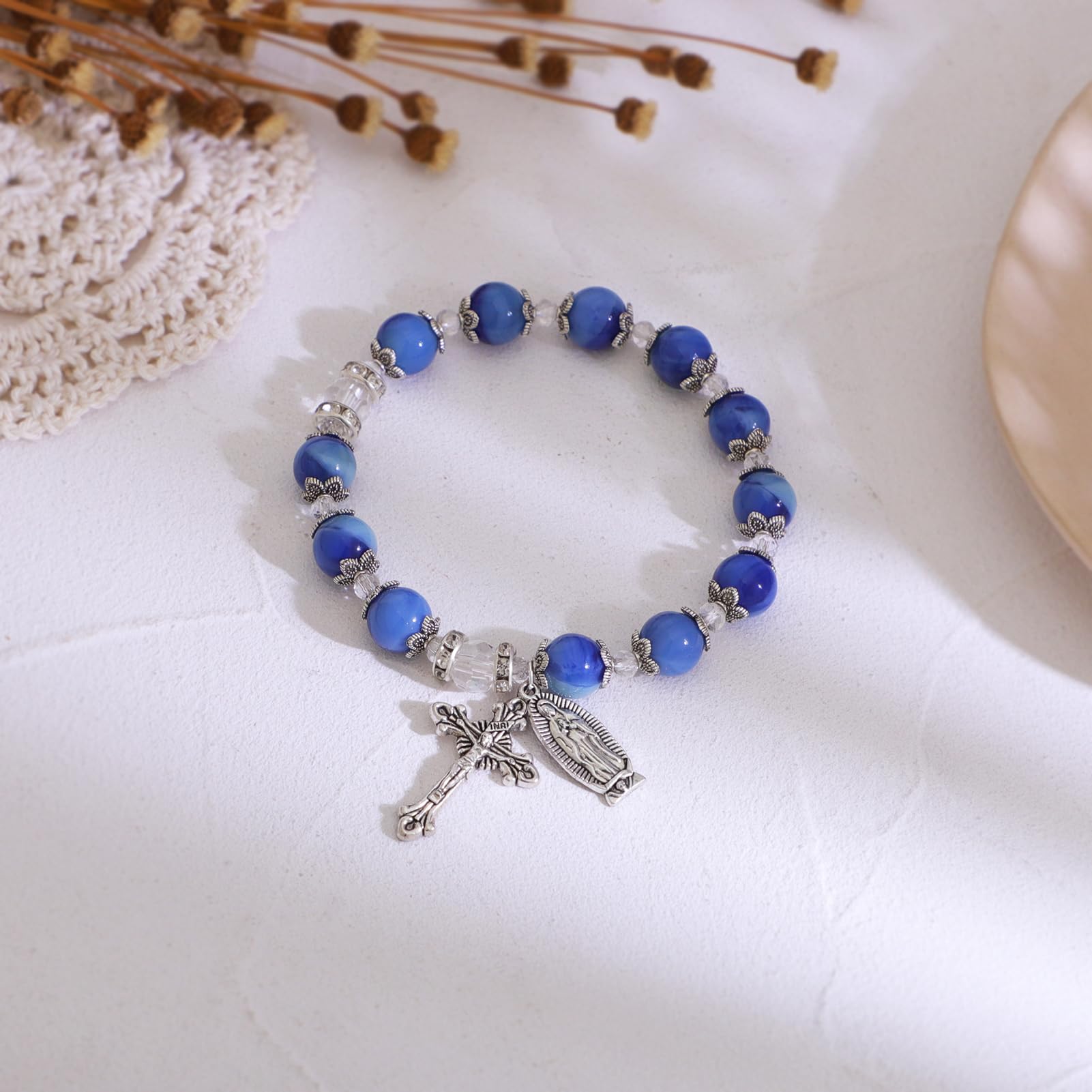 KOMI Gemstone Beaded Stretch Bracelet 8mm & 10mm Beads Rosary Bracelet with Crucifix Cross, Beads Bracelet for Women & Men Catholic Religious Jewelry