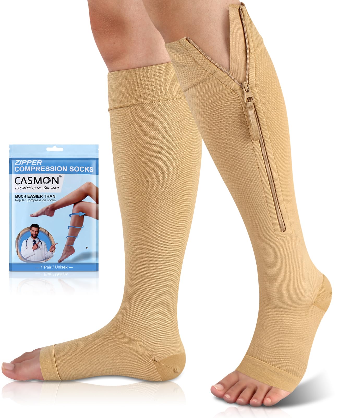 Photo 1 of CASMON 15-20mmHg Zipper Compression Socks for Women and Men, Knee High Compression Stockings, Medical Open Toe Support Socks for Varicose Veins, Post-Surgery, Swelling, Nurses, Pregnancy (1 Pair)