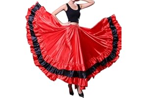 BACKGARDEN Women Black Red Layers Satin Long Skirt for Spanish Flamenco Belly Dance Mexico Ballet Folklorico Performance