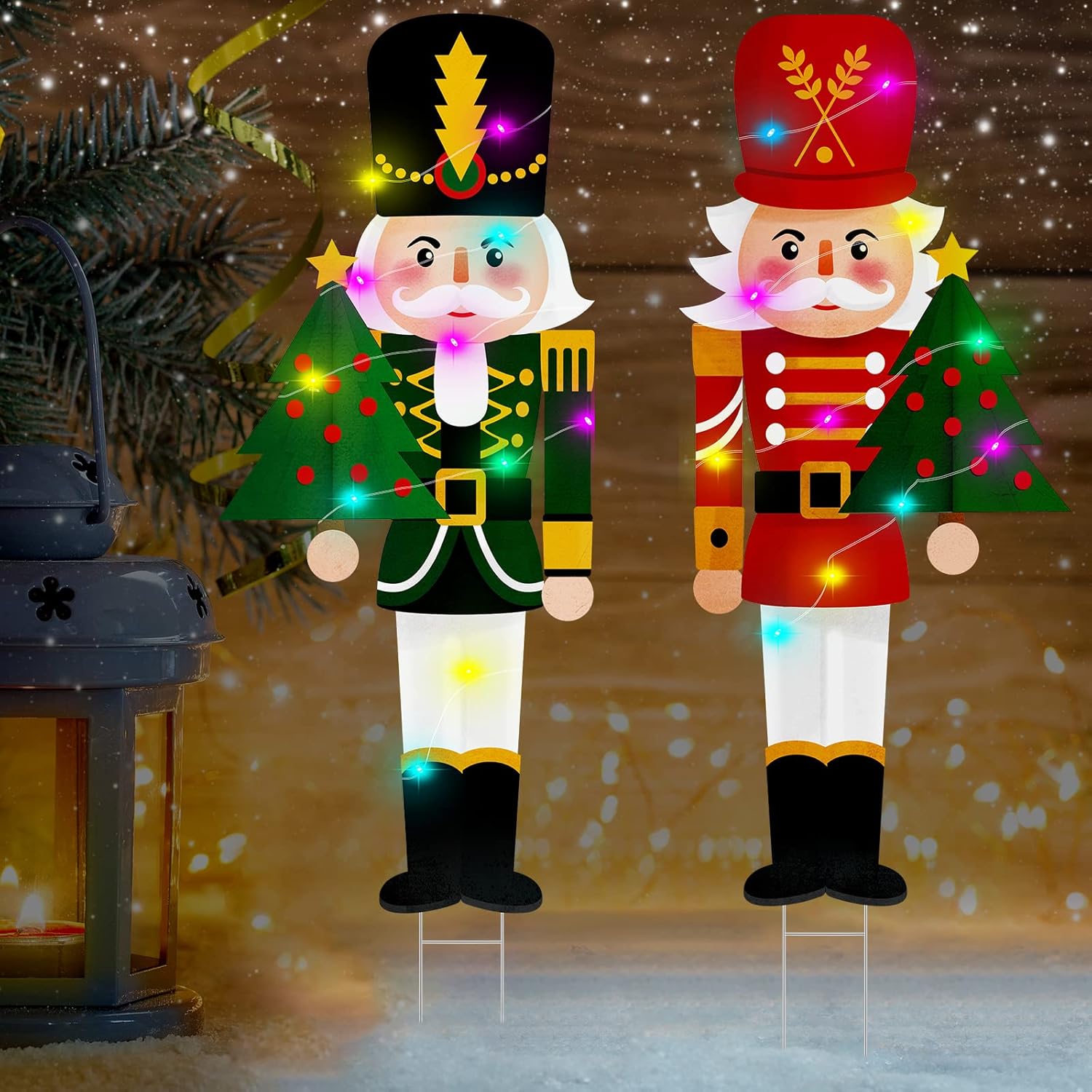 Decorative Garden Stakes - 2 Pcs LED Lights Nutcracker Christmas Outdoor Yard Stake Sign Nutcracker Yard Stakes Large Nutcracker Winter Decorations Soldier Decorative Garden Stakes for Xmas Holiday Lawn Garden, 30 Inch