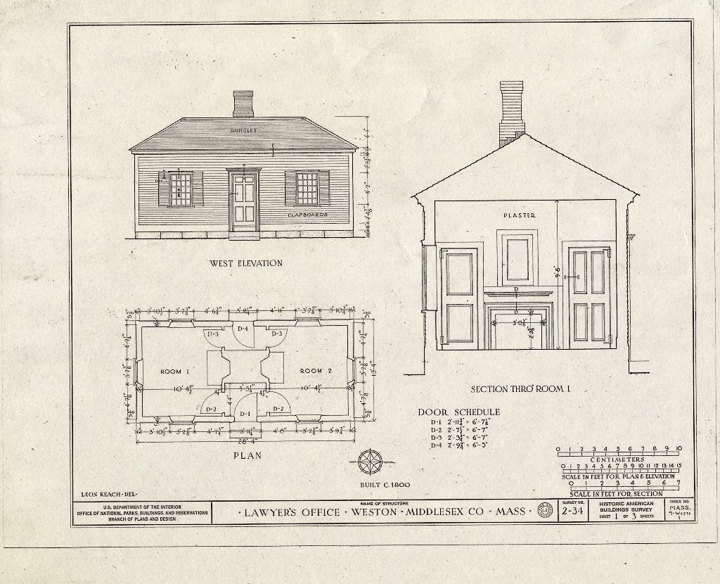 Historic Pictoric : Blueprint HABS Mass,9-WESTO,1- (Sheet 1 of 3) - Alpheus Bigelow, Jr. Law Office,