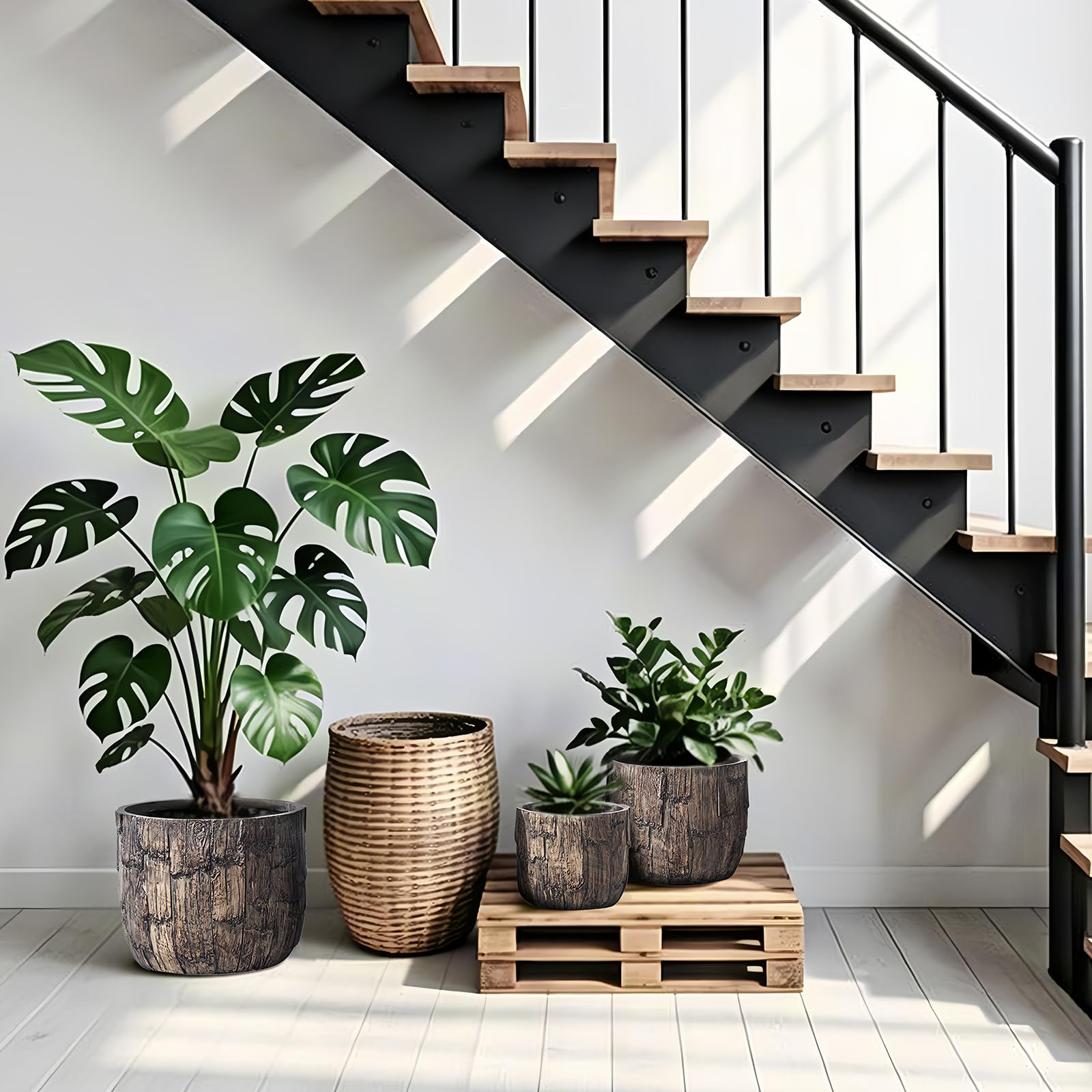 Condition photo showing New/Like New for yundu concrete planter set of 3, 14.5 & 12.6 & 9.8 inch plant pot. vintage style woodgrain concrete