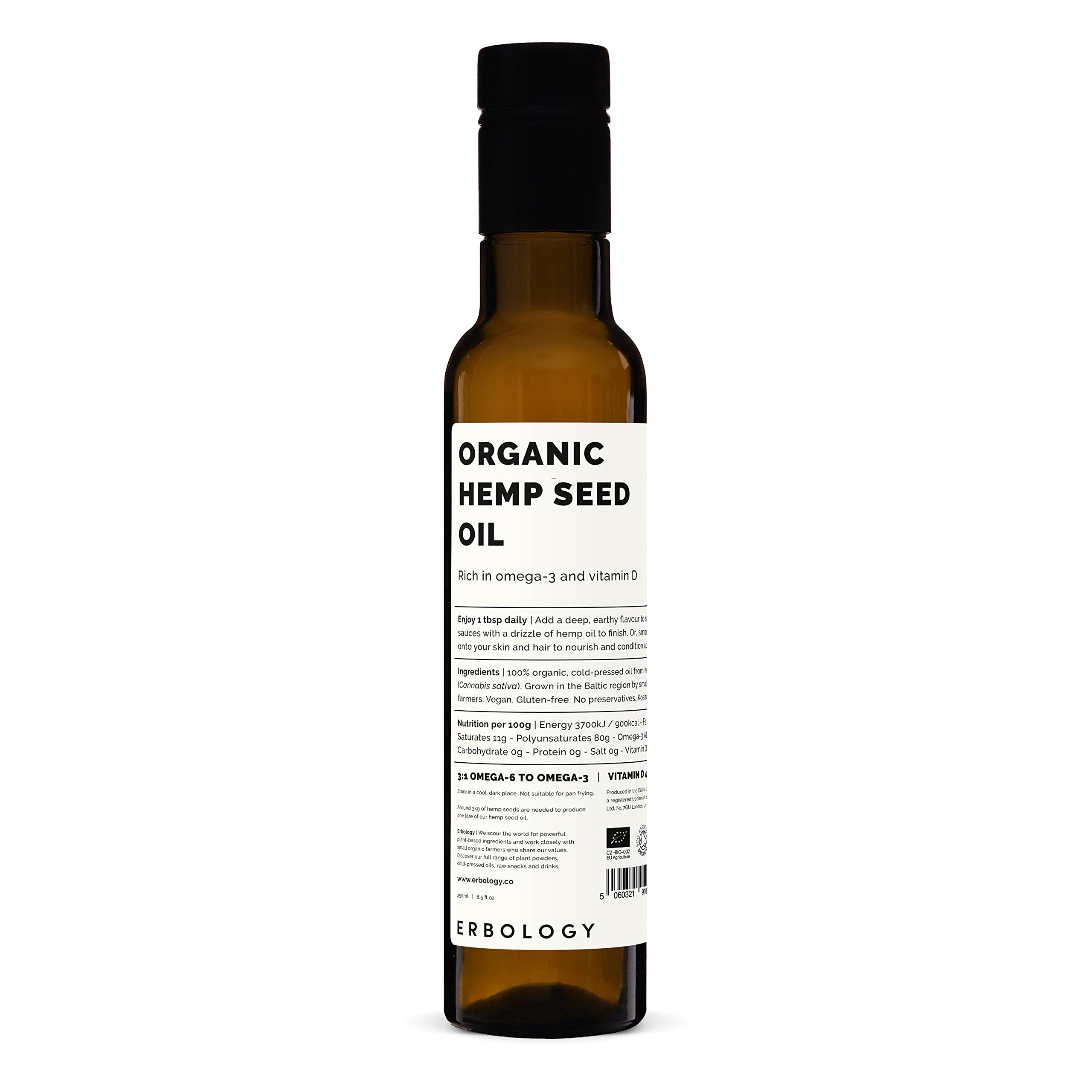 Erbology Organic Hemp Seed Oil 250ml - Cold-Pressed - Premium Quality - Rich in Omega-3 - Source of Vitamin D - Straight from Farm - Non-GMO - No Additives or Preservatives - Recyclable Glass Bottle