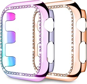 Henva [2 Pack] Protector Case Compatible with Apple Watch 38mm Cover, Shiny Bling Diamonds Protective Cover PC Plated Bumper Frame Compatible with iWatch Series 3/2/1 , Colorful, Rose Gold