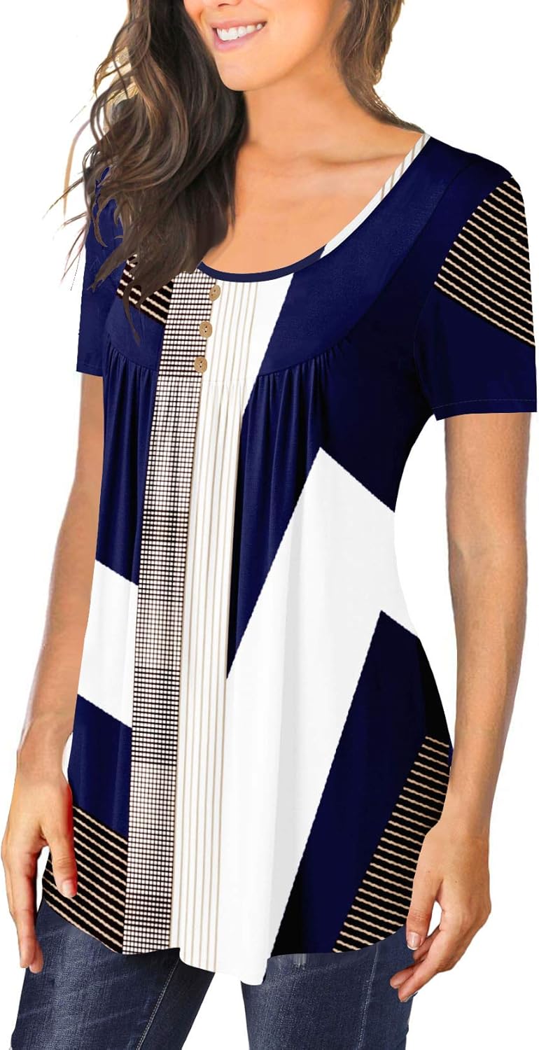 BeadChica Women's Tunic Tops For Leggings Short Sleeve Shirts Botton Up Casual Ruched Blouses Clothing: Clothing