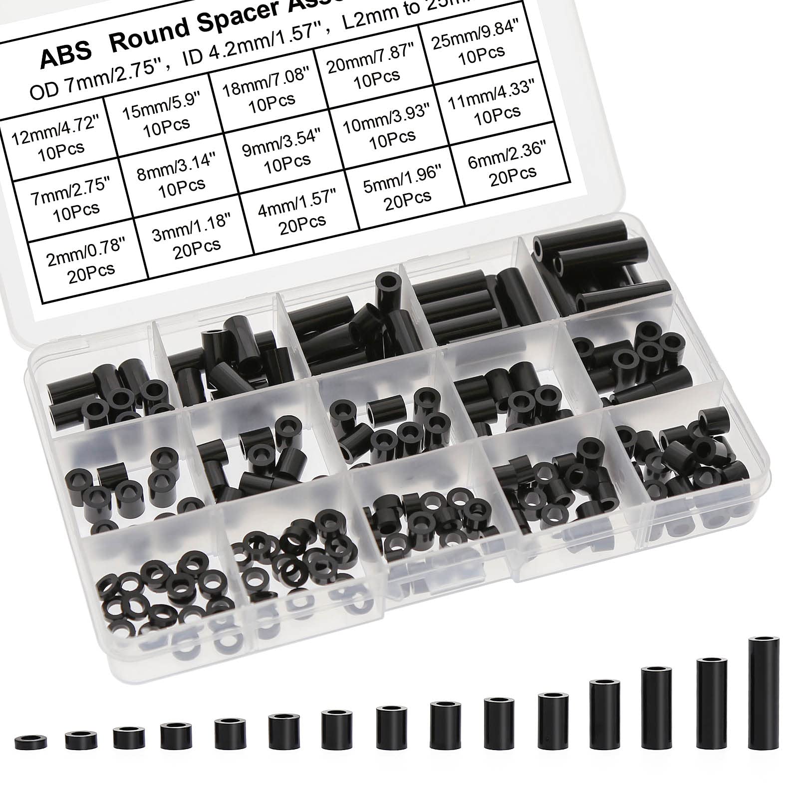 Evemodel 200pcs ABS Round Spacer Standoffs Washers ID 4.2mm OD 7mm Length 2mm to 25mm for M4 Screws Washers for Screws with Storage Box DIY Accessories…