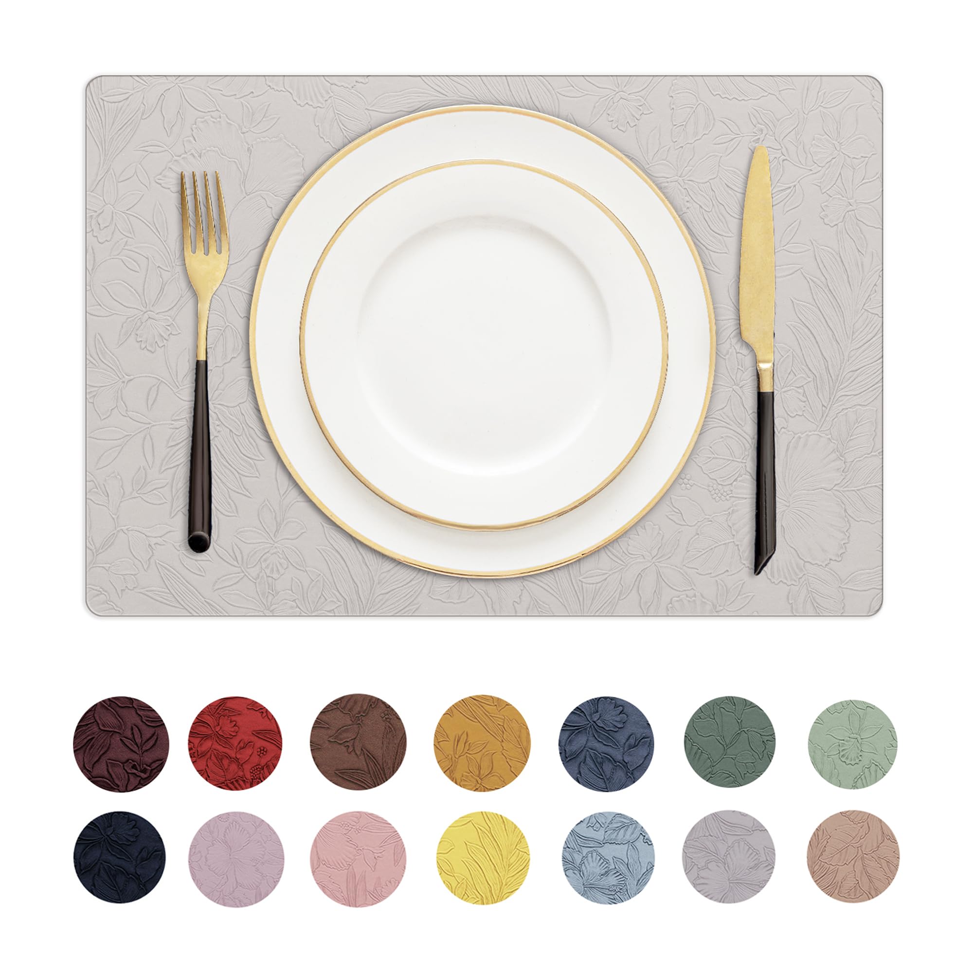 Photo 1 of Romanstile Vinyl Placemats Set of 6-12 X 18 Inch - Heat Resistant Non-Slip Embossed Floral Place Mats 100% Waterproof Oilproof Wipeable Faux Leather Table Mats for Kitchen/Dining/Party, LightGrey