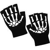 Playful cat Fingerless Skeleton Gloves Glow in The Dark, Halloween Costume Accessories for Adults